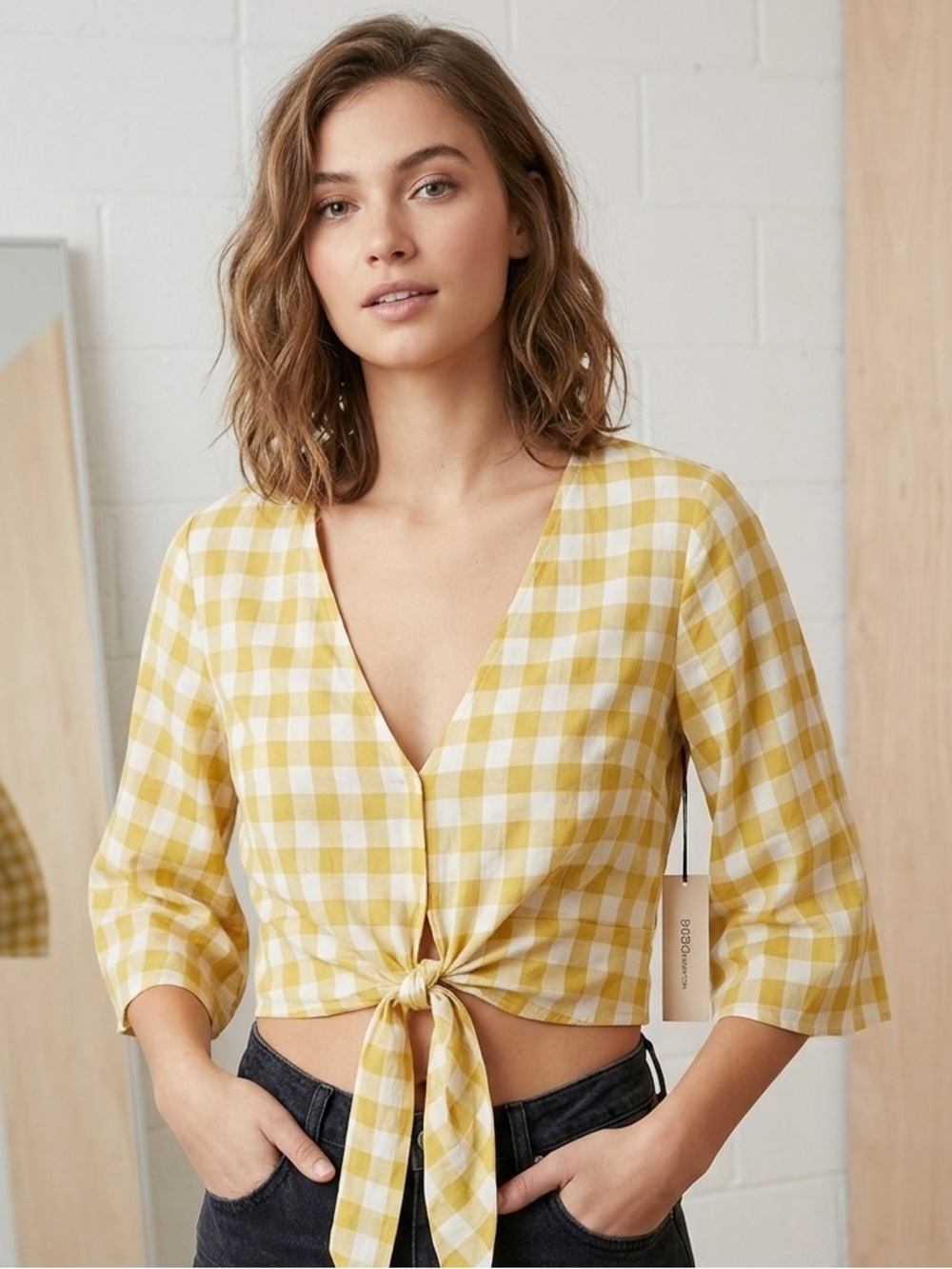 NWT BCBGeneration Yellow Gingham Plaid Tie-Front Crop Top V-Neck Size L